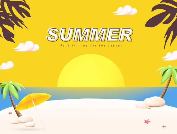 夏季旅游海报横幅与沙滩和夏季海滩日落景观设计 — 图库矢量图片