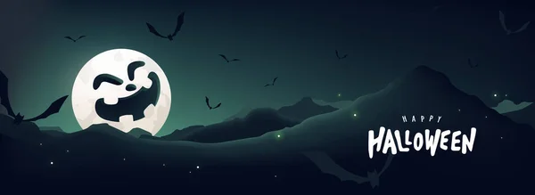 Happy Halloween Banner Night Scene Landscape Fierfly Bats Flying Moon — Stock Vector