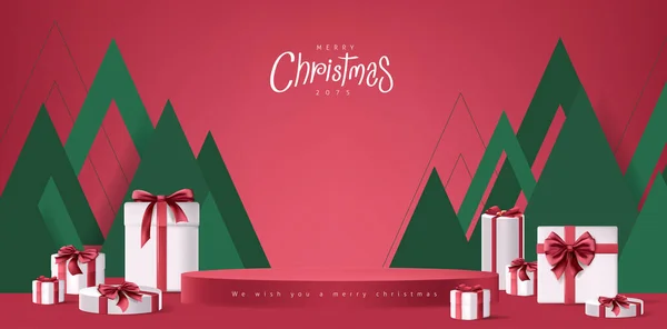 Happy Merry Christmas Banner Wyświetlaczem Produktu Czerwony Cylindryczny Kształt Pudełko — Wektor stockowy