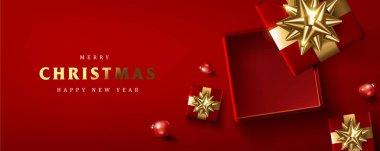 Mutlu Noeller ve mutlu yeni yıl promosyon afişleri ve Noel için açık kutu şenlik süslemeleri