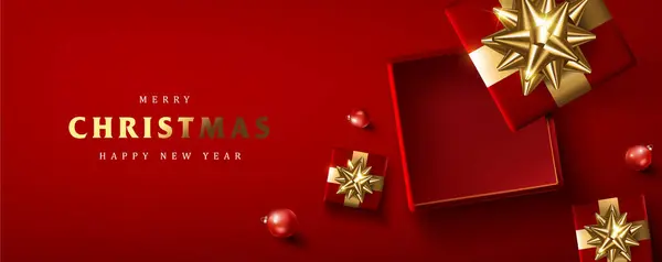 Feliz Navidad Feliz Año Nuevo Banner Promoción Con Caja Abierta — Vector de stock