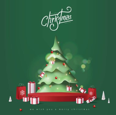 Mutlu noel afişi, fotokopi alanı ve hediye kutusuyla silindirik şekil görüntüleme ve noel ağacı arkaplanını süsleme