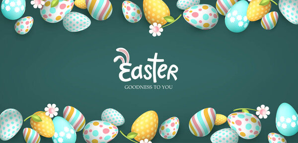Easter day banner with easter eggs frame and spring flowers on blackboard background and calligraphy of easter