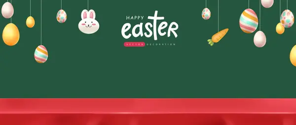 Veselé Velikonoce Banner Pozadí Červeným Ubrusem Produkt Displej Visí Velikonoční Stock Ilustrace