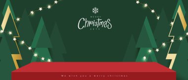 Merry Christmas banner with red product display and Christmas tree abstract background clipart