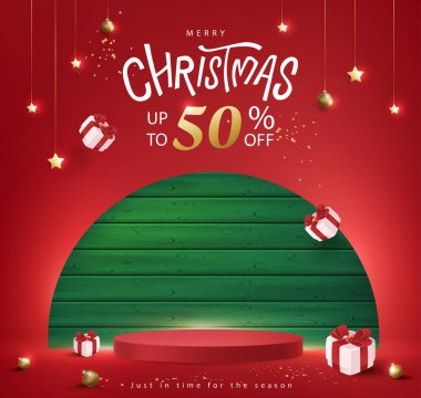 Mutlu noel indirimi poster afişi ve yeşil ahşap çerçeve dekor kırmızı arka plan