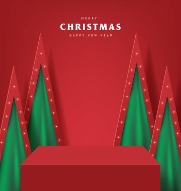 Ürün sergisi ve Yapay Noel Ağaçları arkaplanlı Mutlu Noeller afişi