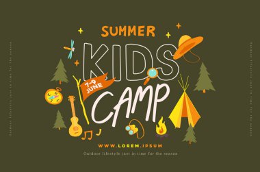Yaz kampı çocuklar için poster afişi macera arka planı ve yaz kampı macera aktiviteleri.