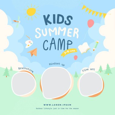 Parlak ve neşeli çocuklar mavi gökyüzü temalı yaz kampı posteri. Yaratıcılık, açık hava öğrenimi ve zihin yapısı için eğlenceli ikonlar. Okul ve yaz etkinlikleri için harika.