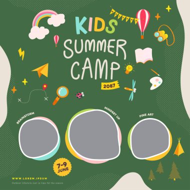 Açık hava orman temalı bir yaz kampı afişi. Sanat, zihniyet ve öğrenme faaliyetleri için renkli karikatür tarzı ikonlar. Okul ve kamp organizasyonları için ideal..