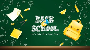 Okulun klasik tasarımı, karatahta arka planda sarı sırt çantası okul malzemeleri ve karalama çizimleri sınıf posterleri ve akademik duyurular için mükemmel.