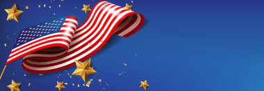Mavi arka planda altın yıldızlı Amerikan bayrağı Bağımsızlık Günü tasarımları, sosyal medya paylaşımları ya da vatanseverlik terfileri için mükemmel..