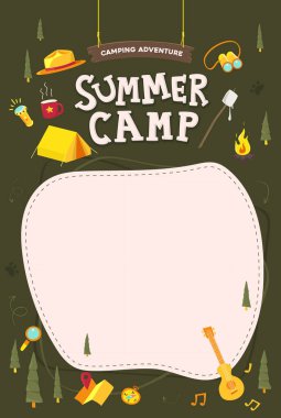 Boş alan ve kamp ikonlarıyla dolu bir yaz kampı poster şablonu. Çadır ateşi pusula ve koyu yeşil arka planda lokum gibi.