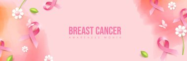 Kampanya posteri ya da broşürü için yumuşak çiçekli ve pastel arka plan tasarımlı pembe kurdele göğüs kanseri farkındalık ayı afişi