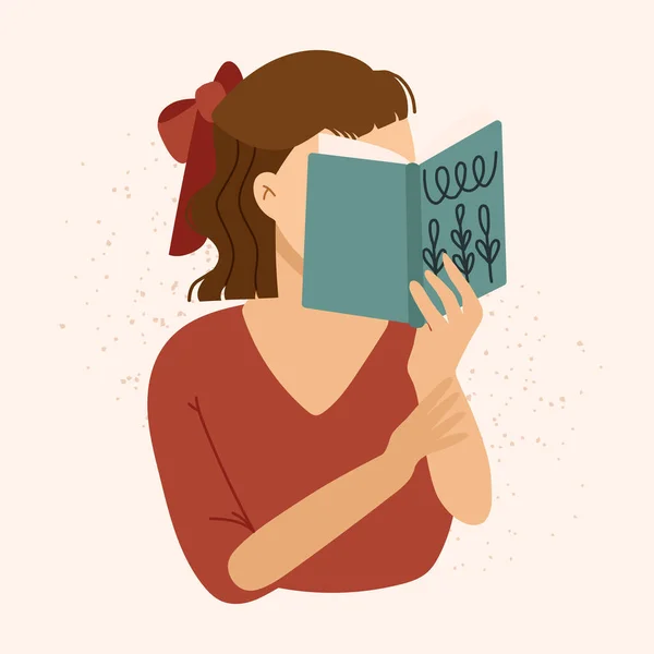 女の子読書A本のベクトルイラスト隔離上のベージュの背景 — ストックベクタ