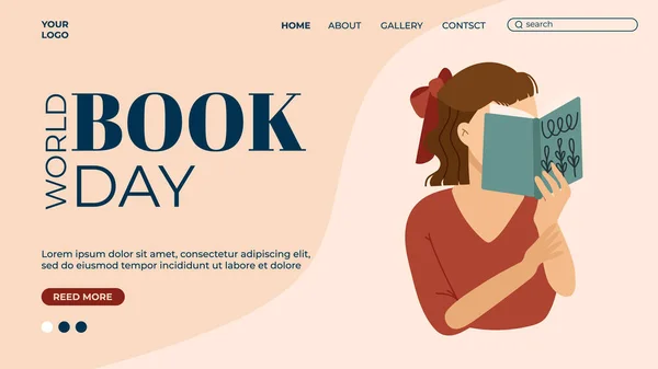 World Book Day Landing Page 템플릿 여자가 삽화를 — 스톡 벡터