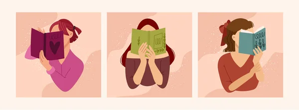 Κορίτσι Διάβασε Ένα Σετ Διανυσματικών Εικονογραφήσεων Παγκόσμια Ημέρα Βιβλίου Επίπεδες — Διανυσματικό Αρχείο