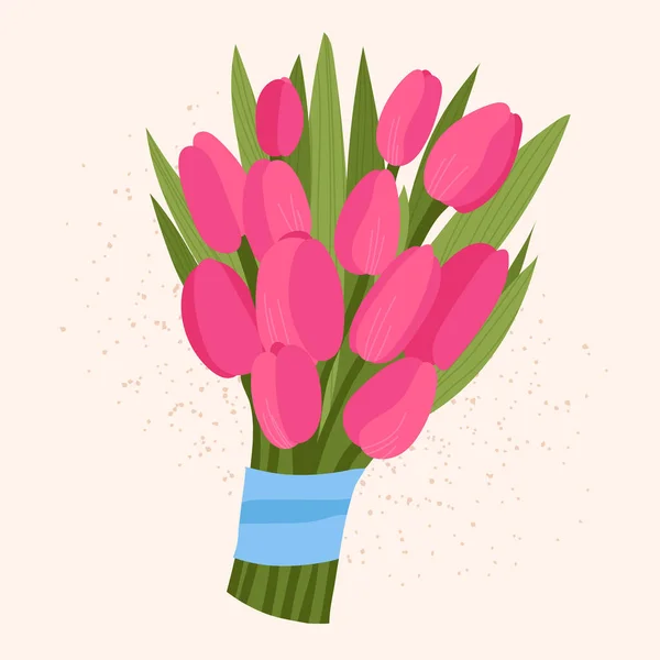 Big Bouquet Pink Tulips Vector Illustration Isolated Fresh Flowers Long — Stock Vector