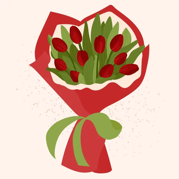 Ręcznie Rysowany Bukiet Czerwonych Tulipanów Opakowaniu Papierowym Izolowane Kwiaty Wektora — Wektor stockowy