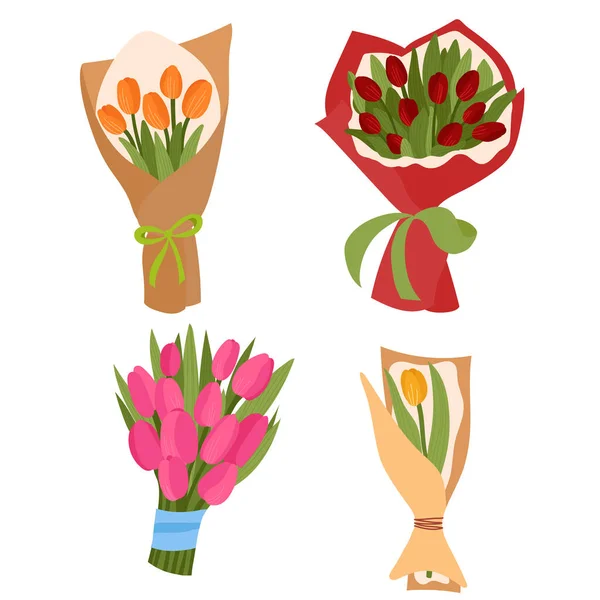 Kolekce Barevných Tulipánů Vektorové Ilustrace Sada Izolovaných Květin Papírových Obalech — Stockový vektor