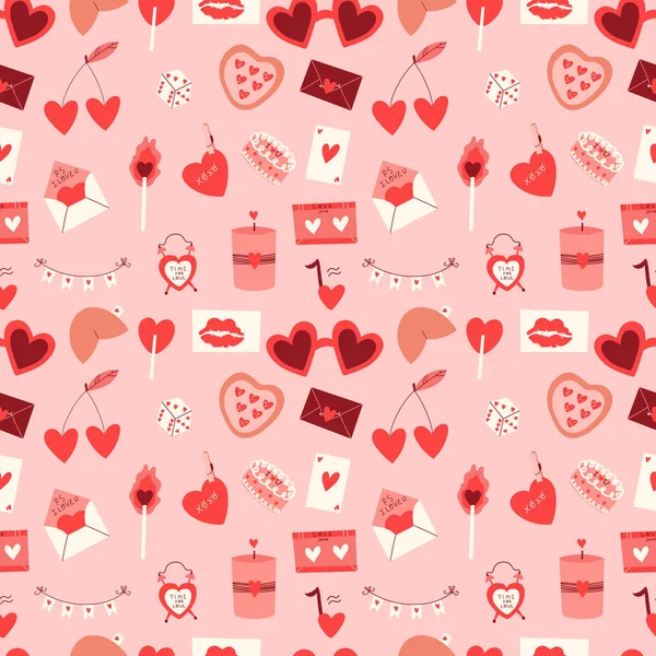 Happy Valentines Day Seamless Pattern Vector Endless Print Hand Drawn — Stock Vector