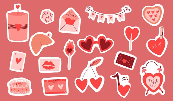 情人节快乐手绘贴纸系列 粉红背景下孤立的爱情元素和心灵 — 图库矢量图片
