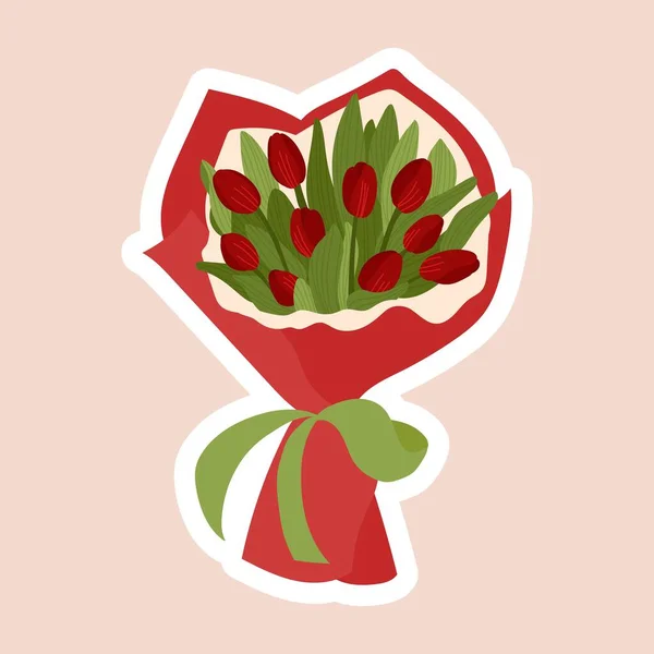 Ręcznie Rysowany Bukiet Czerwonych Tulipanów Opakowaniu Papierowym Izolowane Kwiaty Wektora — Wektor stockowy