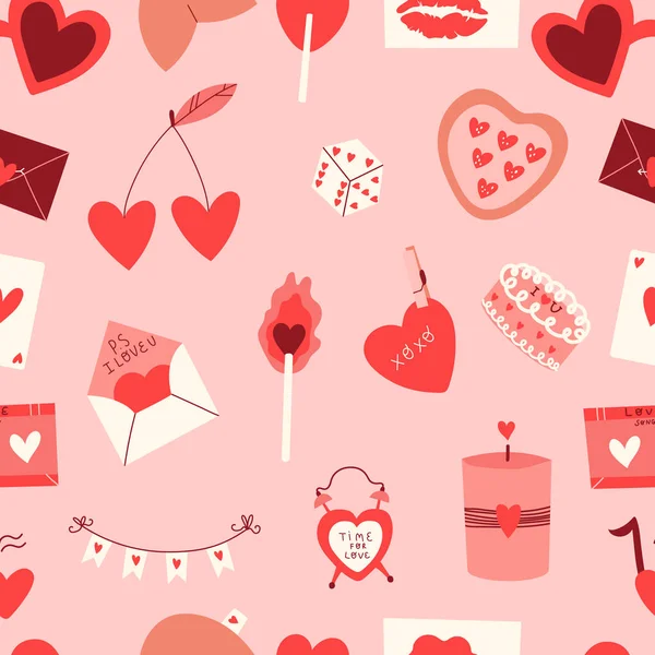 Sevgililer Gününüz Kutlu Olsun Elle Çizilmiş Romantik Elementler Farklı Kalplerle — Stok Vektör