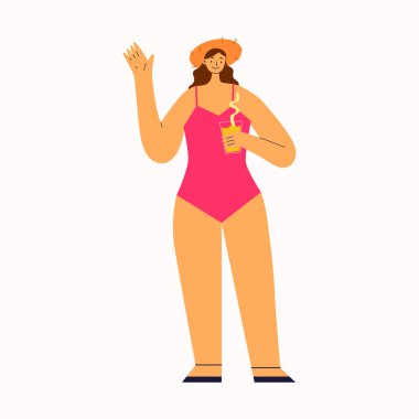 Plaj şapkalı genç kız elini sallıyor ve bir kokteyl tutuyor. Beyaz sahilde düz bir yaz vektör çizimi..