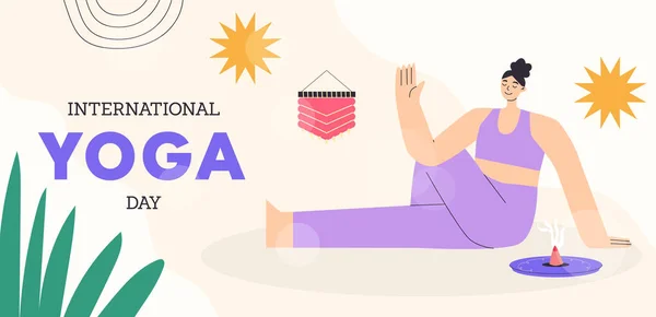Banner Del Día Internacional Del Yoga Mujer Practicando Yoga Pose — Vector de stock