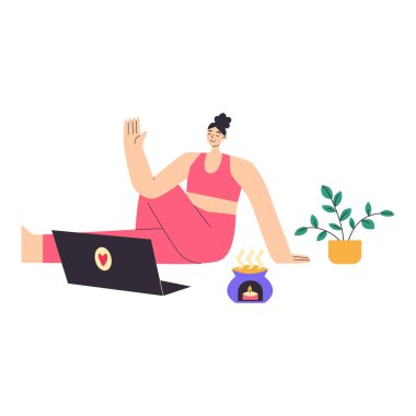 Genç bir kadın dizüstü bilgisayardan yoga dersleri izliyor, yoga yapıyor, evde meditasyon yapıyor. Yoga stüdyosu afiş şablonu. Kadın evde etkinlik gösteriyor. Vektör eli çizilmiş karikatür çizimi..