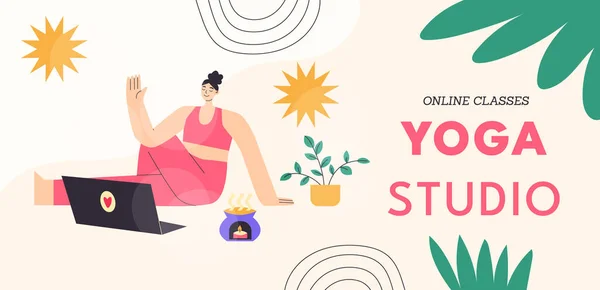 Mujer Yong Viendo Línea Clases Yoga Ordenador Portátil Práctica Yoga — Vector de stock