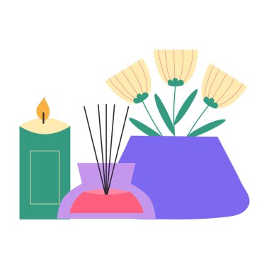 Bir mum ve duygusuzlukla meditasyon ve farkındalık öğeleri. Vektör el çizimi karikatür çizimi.