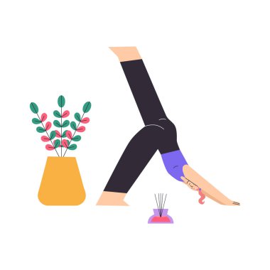 Uluslararası yoga günü. Üç bacaklı köpek pozisyonunda yoga yapan bir kadın. Vektör el çizimi çizgi film çizimi tasarımı.