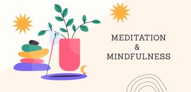 Bir mum ve duygusuzlukla meditasyon ve farkındalık afişi. Vektör el çizimi karikatür çizimi..