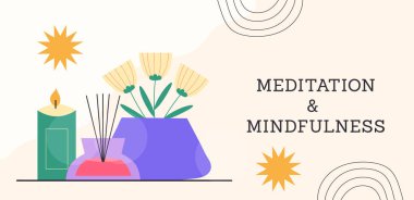 Bir mum ve duygusuzlukla meditasyon ve farkındalık afişi. Vektör el çizimi karikatür çizimi..