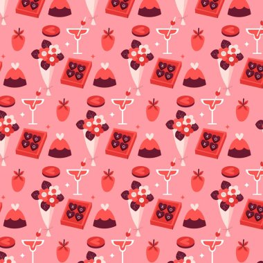 Çikolata, kuyruk kuyruğu, çiçekler, çilekli sevgililer günü kusursuz desenli