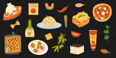 İtalyan mutfağı. İtalyan pizzası, lazanya, burrata bruschetta, zeytinyağı, makarna, tiramisu, makarna, caprese, Focaccia. Vektör el çizimi resimleme.