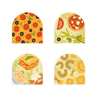 Vektör İtalyan Mutfak etiketleri. İtalyan ulusal yemeklerinin çıkartma koleksiyonu. İtalyan pizzası, lazanya, burrata bruschetta, zeytinyağı, makarna, Focaccia..