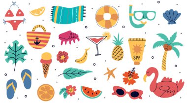 Bir dizi yaz tatili plaj elementleri. Canlı yaz karalama çıkartmaları. Çizgi film vektör çizimleri. Vektör illüstrasyonu