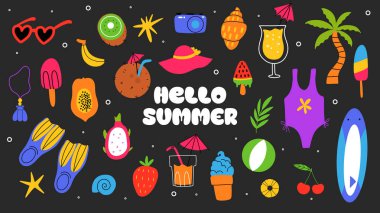 Yaz tatili plaj elementleri. Merhaba yazlık mektuplar. Yaz karalama çıkartmaları. Çizgi film çizimi. Vektör illüstrasyonu