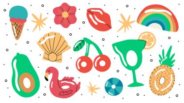 Canlı yaz karalama elementleri tasarımı. Yaz yüzücüleri, plaj yüzme havuzu ve şişme oyuncaklar. Havuz partisi kavramı. Vektör el çizimi çizgi film illüstrasyonu.