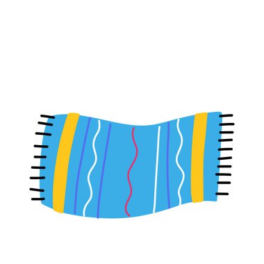 Çizgili renkli plaj battaniyesi ve dalgalı çizgiler. Vektör eli çizilmiş karikatür çizimi..