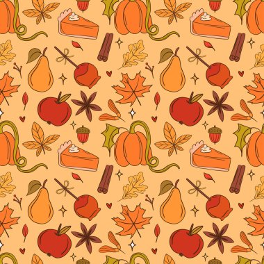 Mevsimlik elementlerle sonbahar deseni. Balkabakları, elmalar, armutlar, tarçın çubukları, balkabağı dilimleri ve yapraklar sıcak, toprak renginde düşerler. Vektör el çizimi resimleme