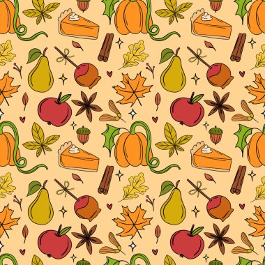 Mevsimlik elementlerle sonbahar deseni. Balkabakları, elmalar, armutlar, tarçın çubukları, balkabağı dilimleri ve yapraklar sıcak, toprak renginde düşerler. Vektör el çizimi resimleme