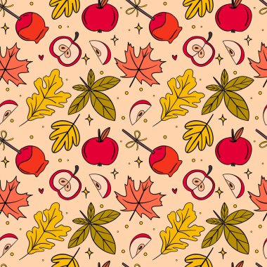 Yapraklar, Elmalar ve Elma Şekerleriyle Sade Sonbahar Şablonu. Vektör illüstrasyonu