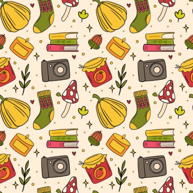 Kabak, kitap, mum, mantar ve reçelli rahat sonbahar pürüzsüz desenleri. Vektör illüstrasyonu