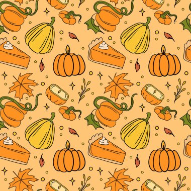 Pumpkins, Squash ve Pie ile Güz Hasadı Kusursuz Desen. Vektör illüstrasyonu