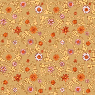 İskelet Eller ve Çiçekler Zeytin Arkaplanda Kusursuz Desen. Vektör illüstrasyonu