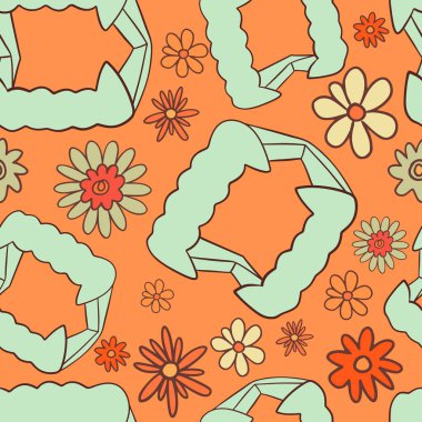 Cadılar Bayramı Vampir Dişleri Kusursuz Şablon. Canlı ve neşeli bir desen. Çiçekler ve canlı turuncu arka planda dizilmiş benzersiz şekiller.